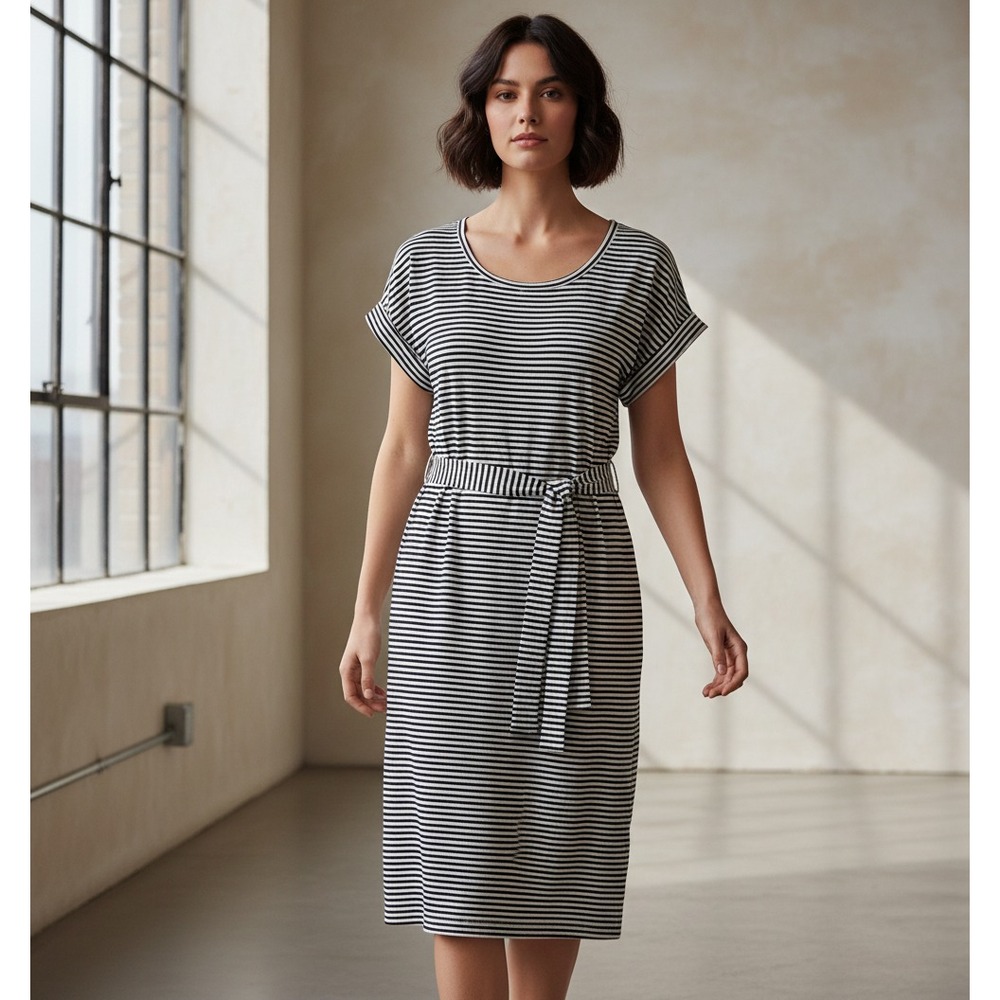 Miselon M Midi Dress Blue Black Striped Knit‎ Tie Casual Office Siren Minimalist